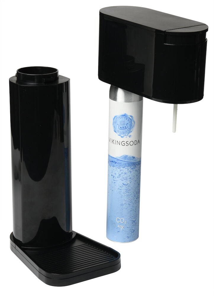 Svart kolsyremaskin med synlig kolsyrepatron.