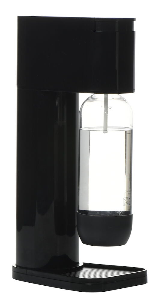 Svart kolsyremaskin med genomskinlig vattenflaska.