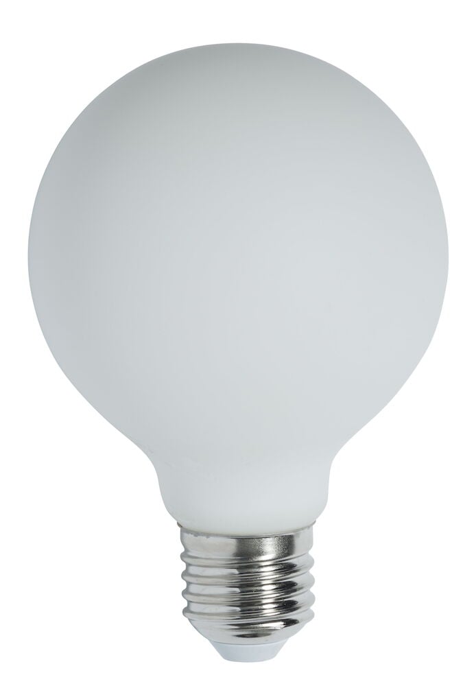 Matte weiße LED-Kugellampe mit E27-Sockel und Metallfuß.
