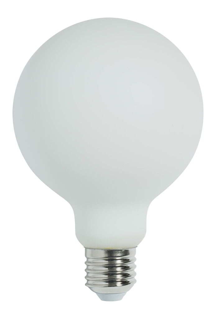 Vit rund dimbar globlampa med E27 sockel.