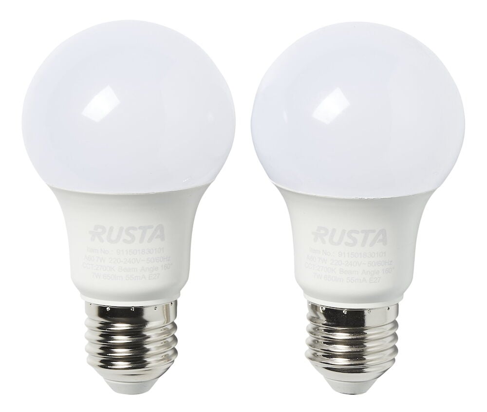 Två frostade LED-lampor med E27 sockel.