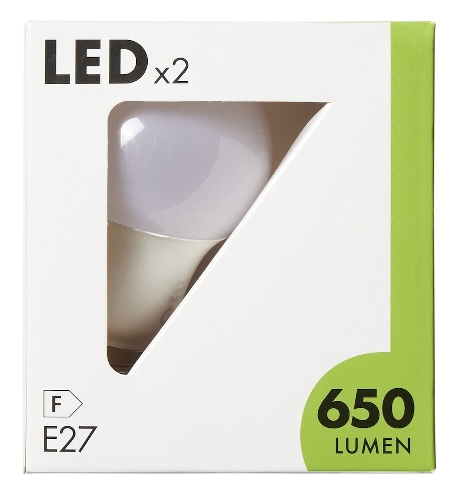 Två LED-lampor E27 i vit förpackning.