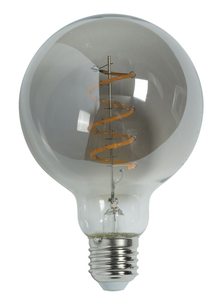 Klar globformad LED-lampa med synlig spiralformad glödtråd.