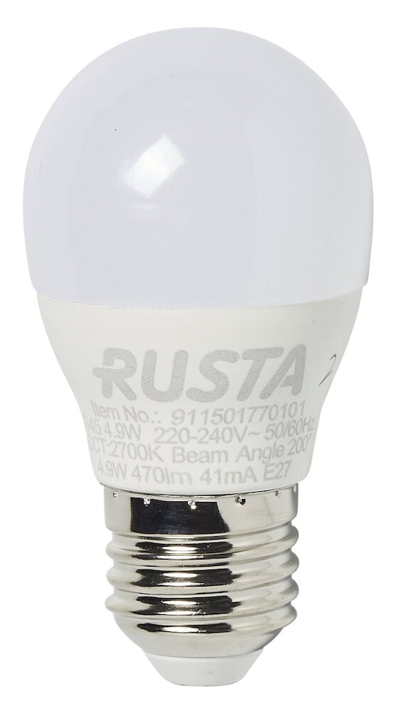 Vit LED-lampa med E27-sockel och rund glob.