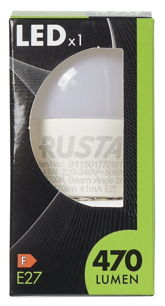 Weiße LED-Glühbirne E27 in schwarzer und grüner Verpackung.