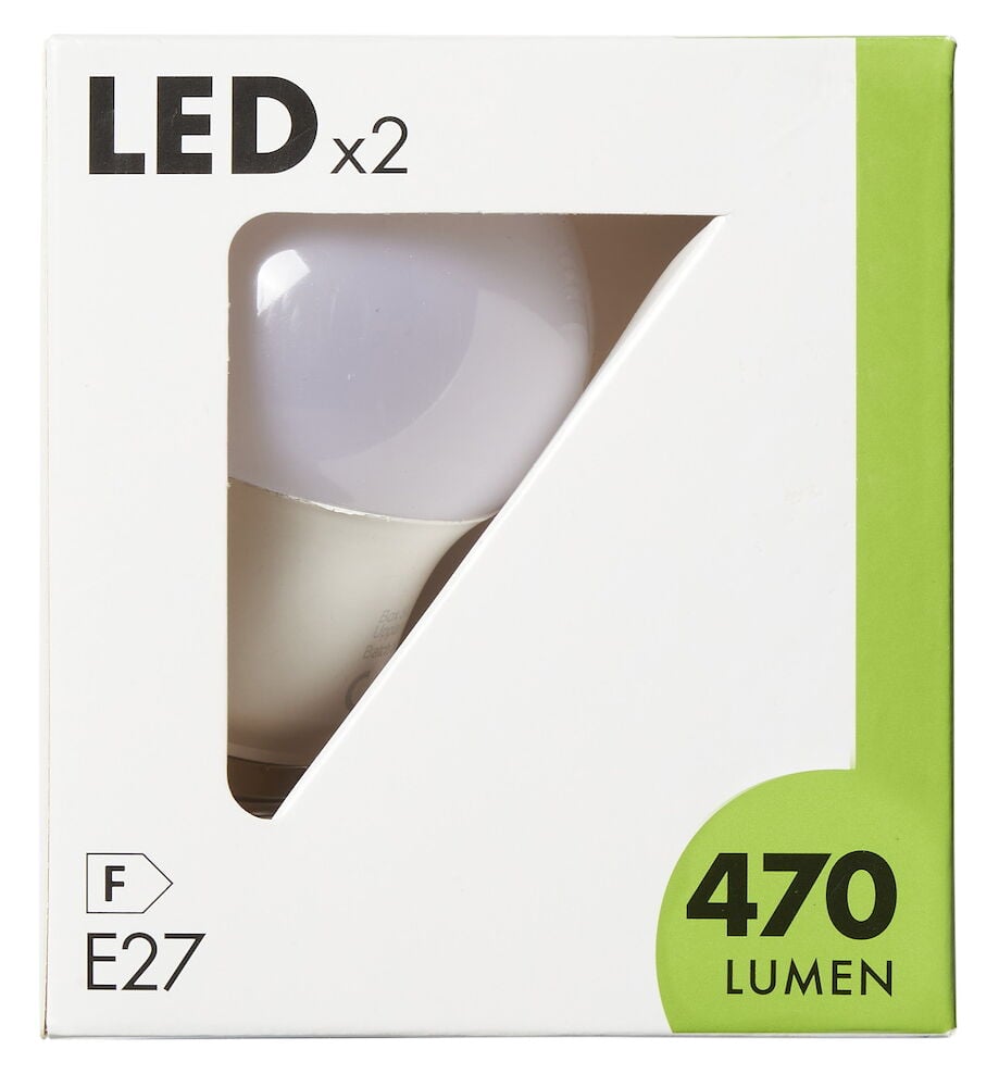 Två pack LED-lampor E27, 470 lumen.