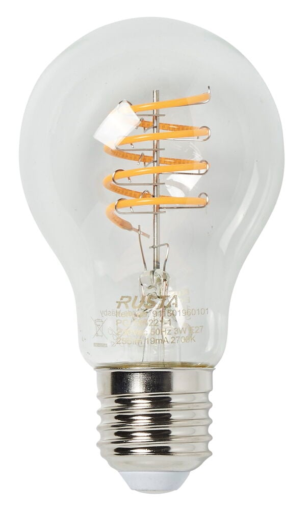 Klar LED-lampe med synlig spiralformet glødetråd.