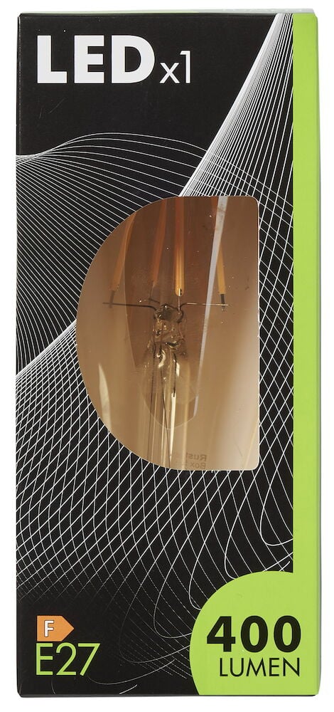 Klar LED-lampa med guldfärgat glas och E27-sockel.