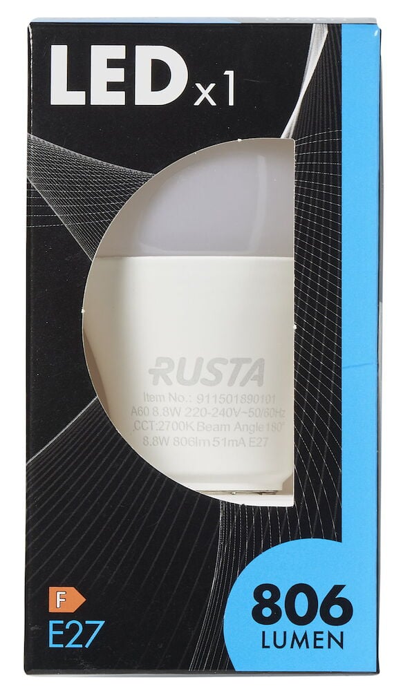 Frostad LED-lampa E27 i förpackning med blå detaljer.