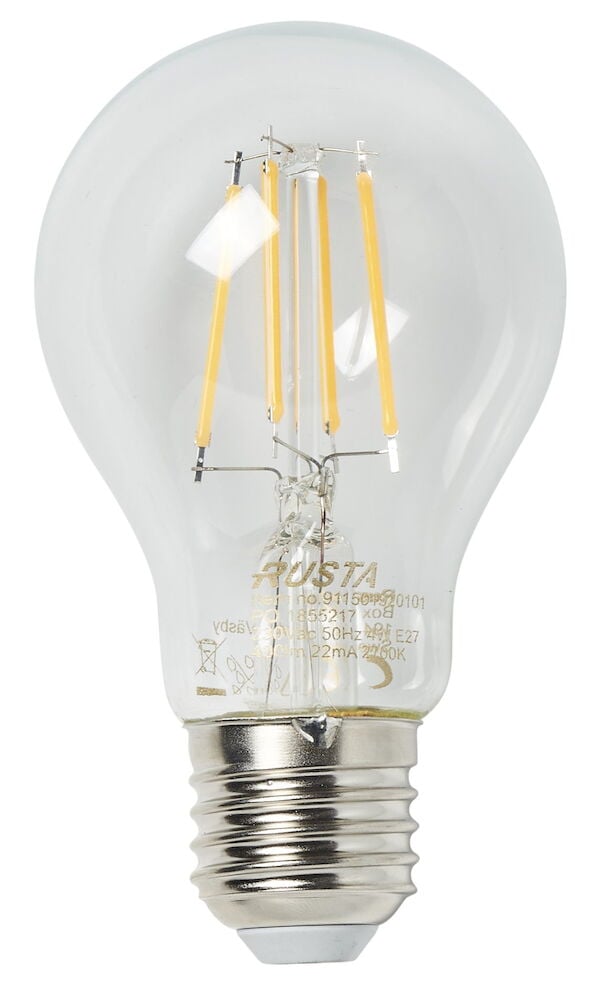Klar LED-lampa med E27 sockel och glödtrådar.