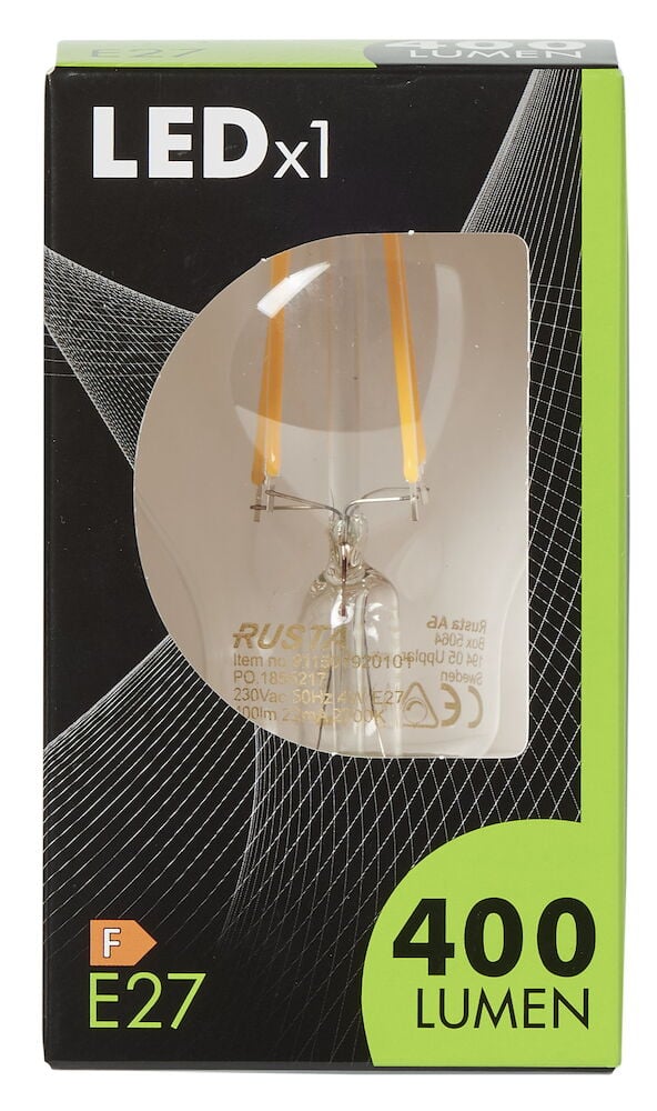 LED-lampa E27 klar glob i förpackning.