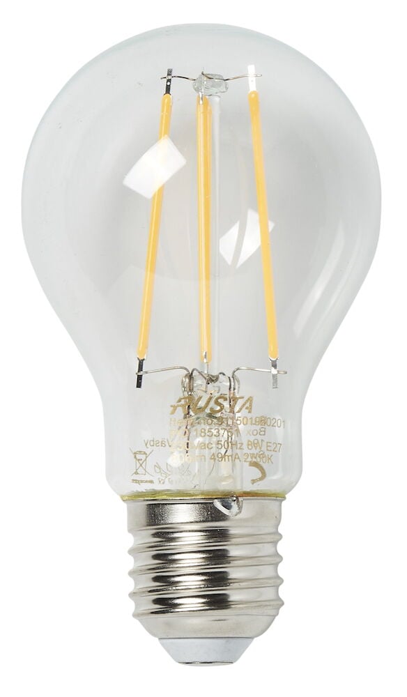 Klar LED-glödlampa med E27-sockel och synliga filament.