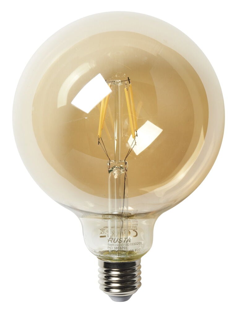 Klar globformad LED-lampa med guldfärg och E27-sockel.