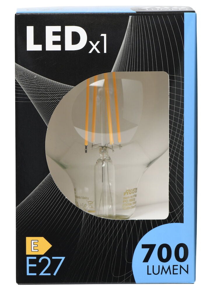 LED glödlampa E27 klar glob med förpackning.