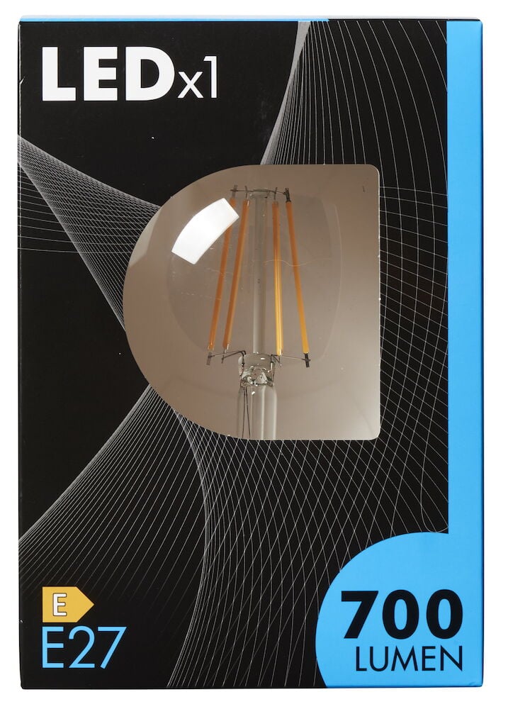 Stor klar glob LED-lampa med synliga filament.