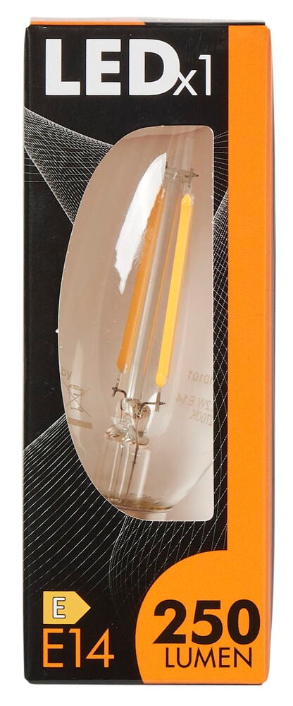 Forpakket klar LED-pære E14 med glødetrådsutseende.