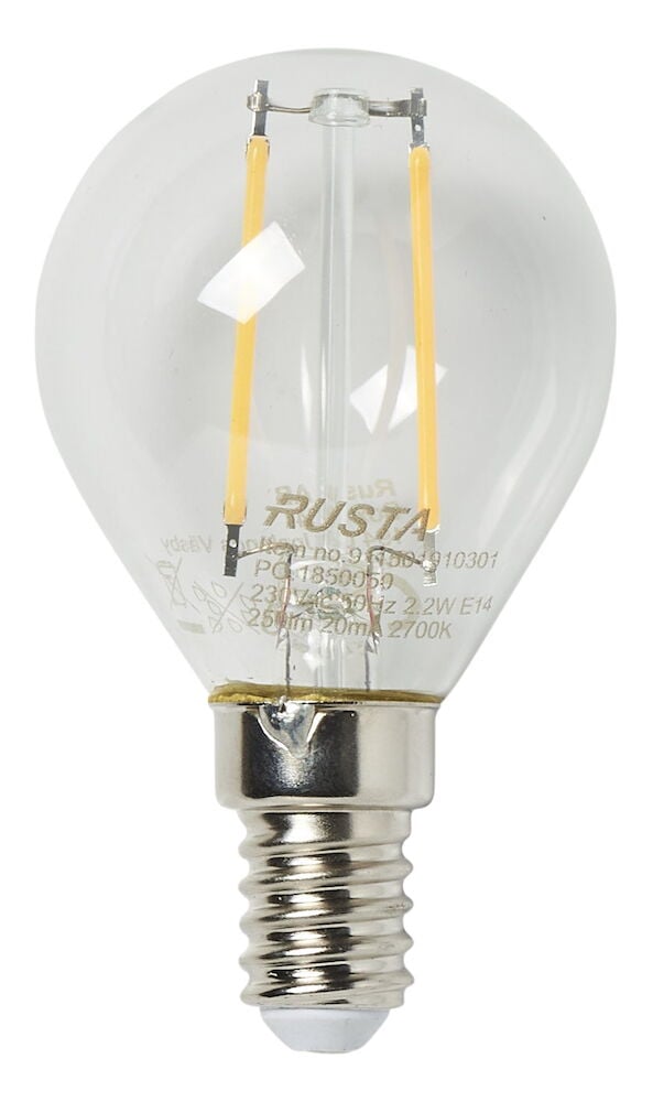 Klar mini glob LED-lampa med E14-sockel.