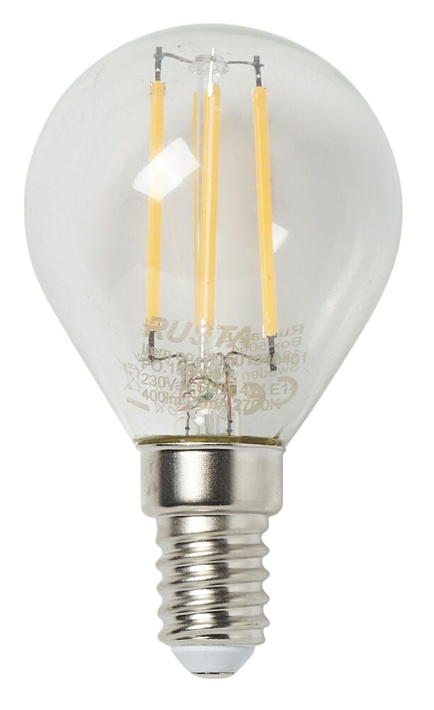 Klar mini globe LED-lampa med E14-sockel.