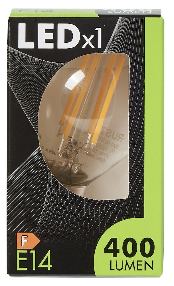 LED lampa E14 klar mini glob i förpackning.