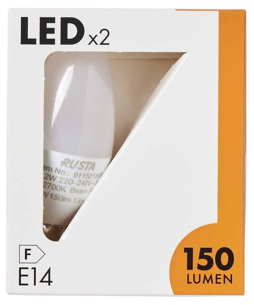 Två vita LED-lampor E14 i förpackning.