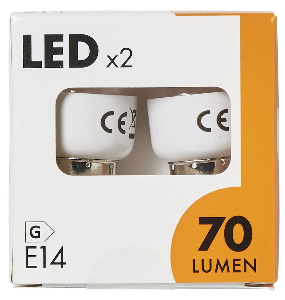 Två LED-lampor E14 i vit och orange förpackning.
