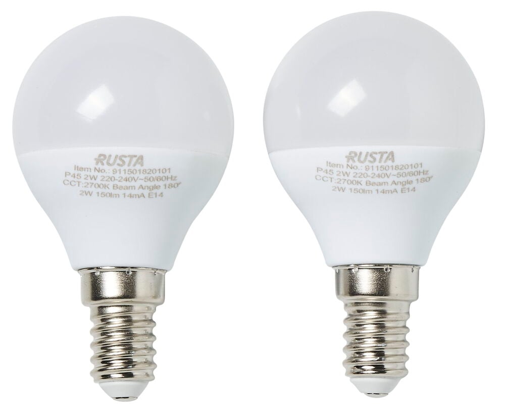 Zwei weiße P45 LED-Minilampen, 2W, 150lm, E14-Sockel, 2700K, 2er-Pack.