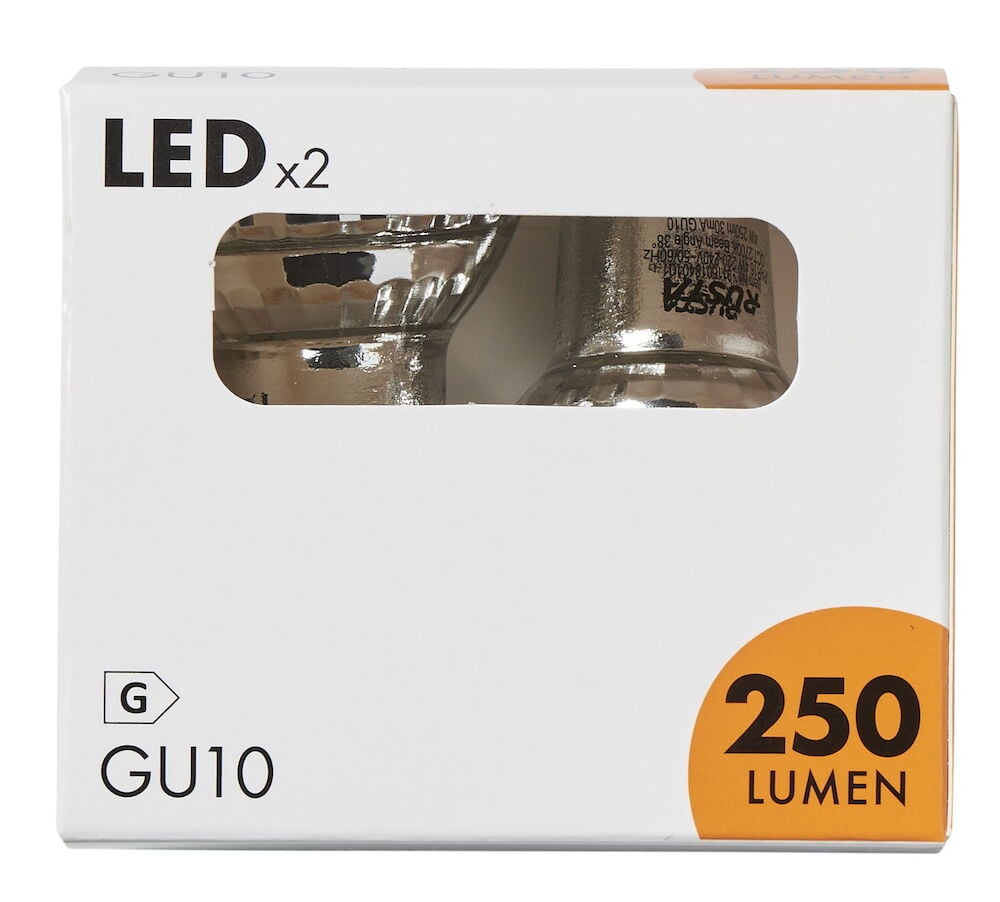 Vit förpackning med två GU10 LED-lampor.