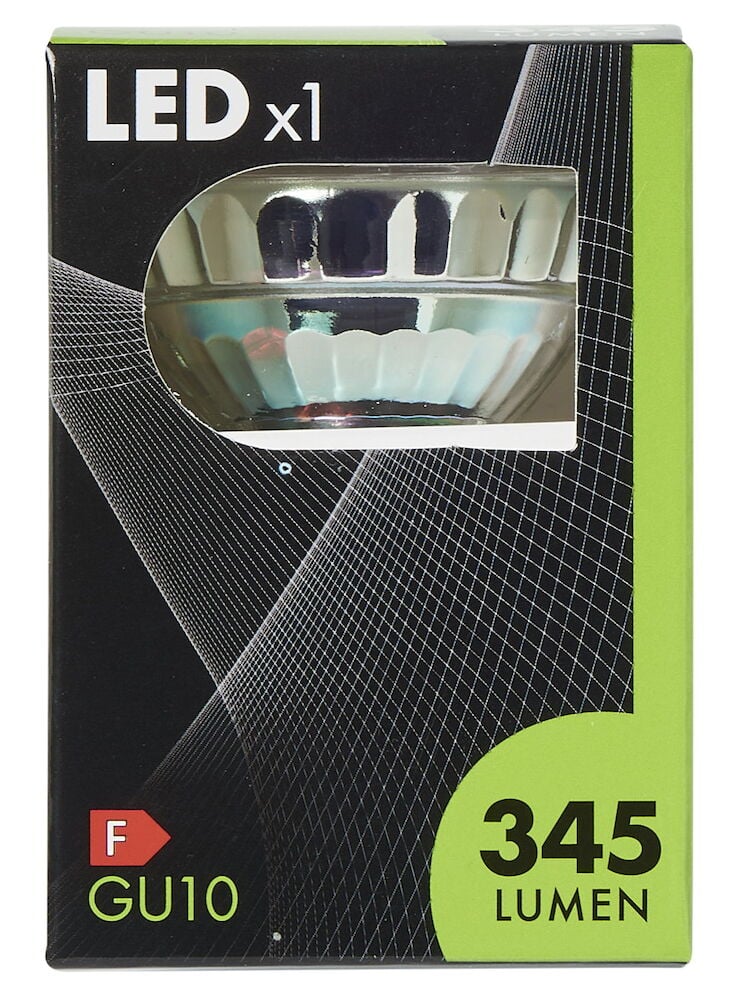 GU10 LED-lamppu vihreällä etiketillä varustetussa pakkauksessa.