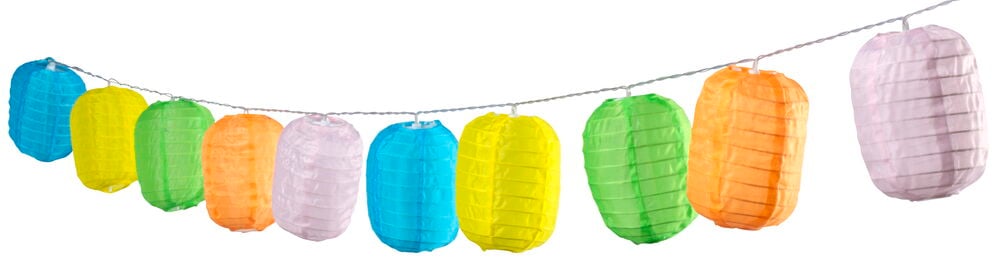 Färgglad slinga med tio rislampor för utomhus.