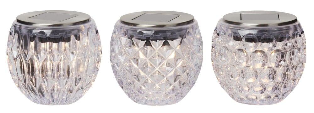 Drei Solarzellenlampen mit verschiedenen Kristallmustern.