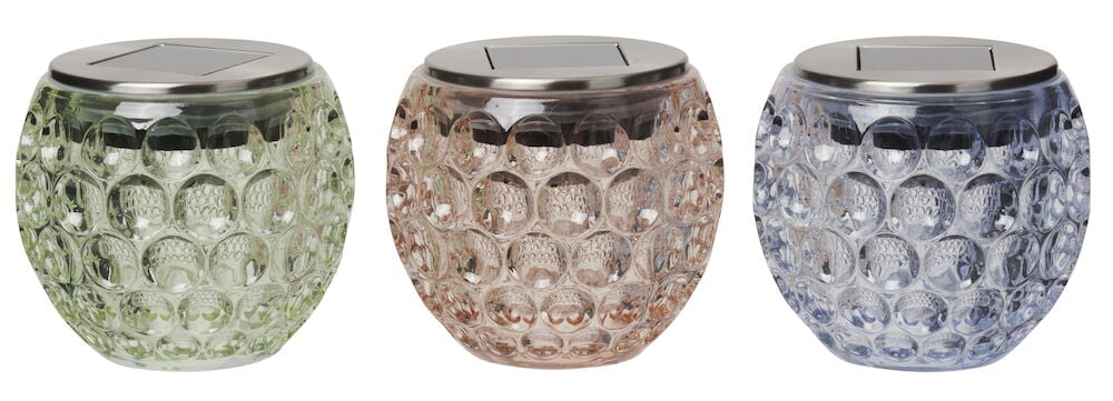 Drei runde Solarleuchten aus Glas mit einem bläschenartigen Muster.