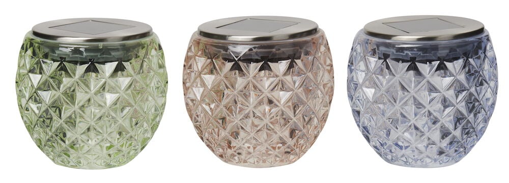 Drei Solarleuchten aus Glas mit Kristallmuster.