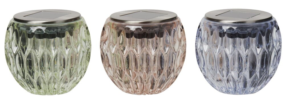 Drei kristallartige Solarleuchten in unterschiedlichen Farben.