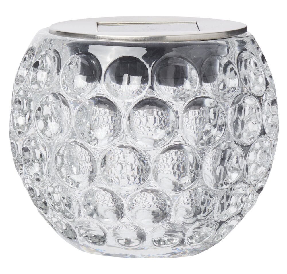 Transparente gemusterte Solarleuchte mit Metalloberteil.