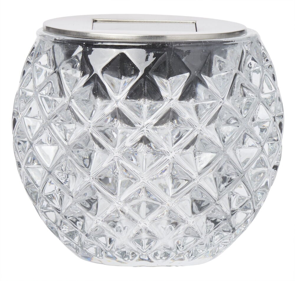 Runde Solarleuchte aus gemustertem Glas mit Metallverschluss.