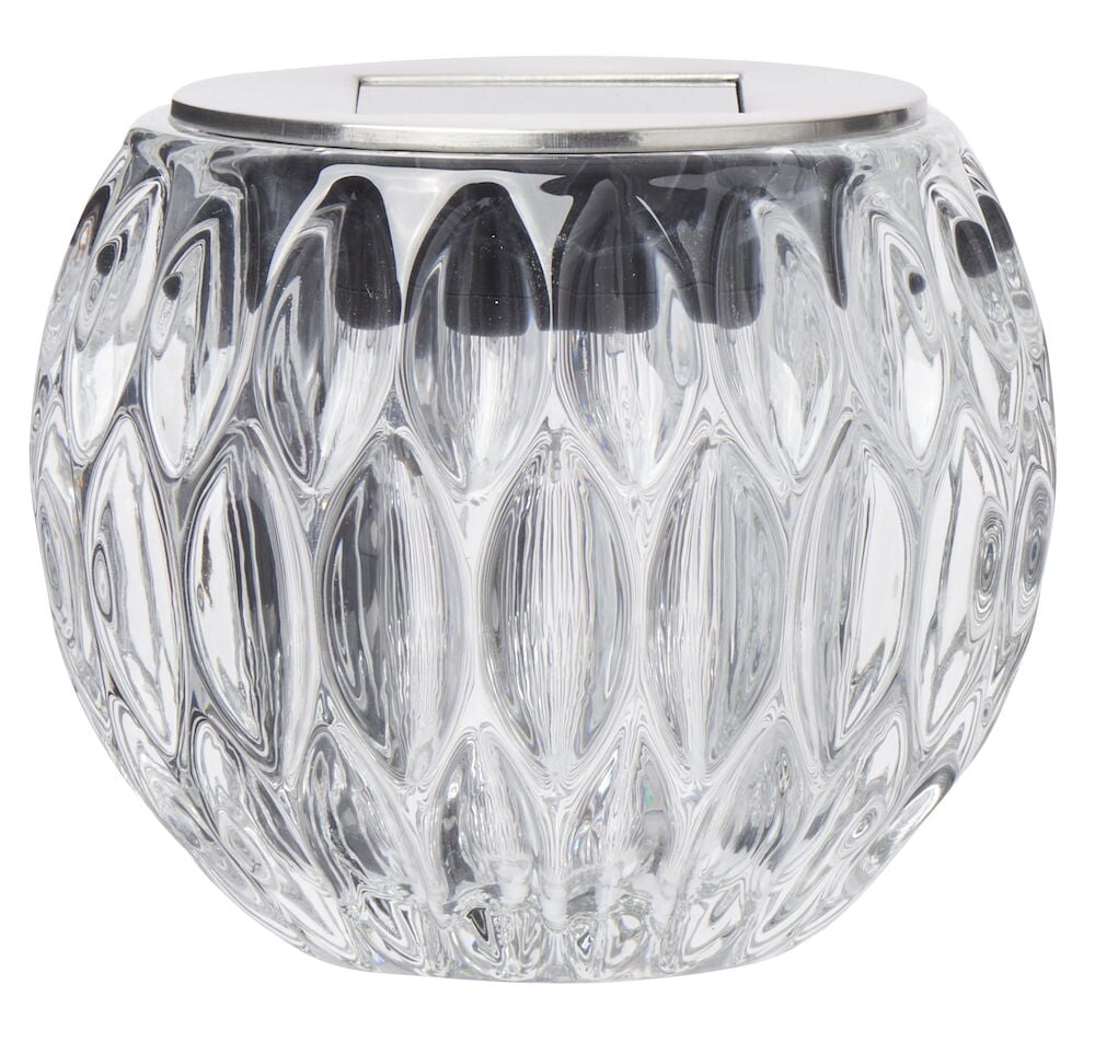 Runde Solarlampe aus klarem, gemustertem Glas.