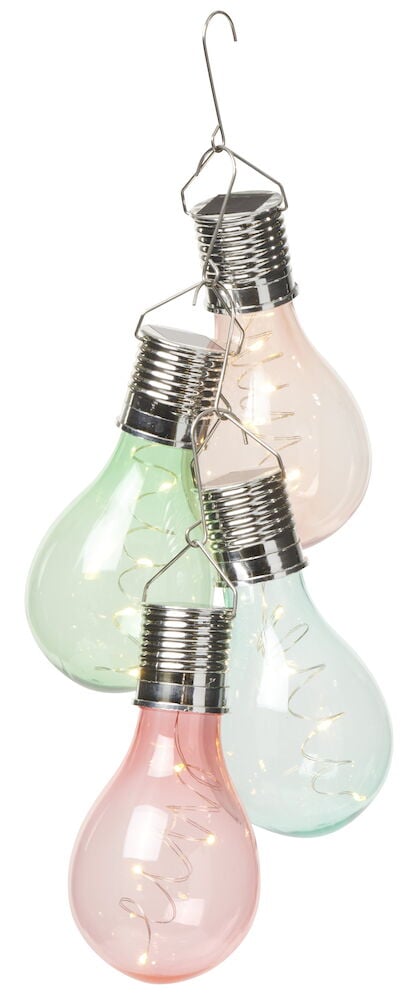 Vier bunte Glühbirnen mit Solarmodul und Haken.