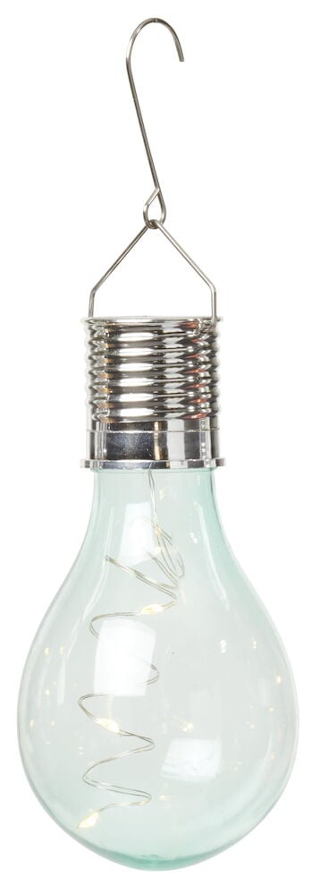 Transparente Solarbeleuchtung in Glühlampenform mit Haken.