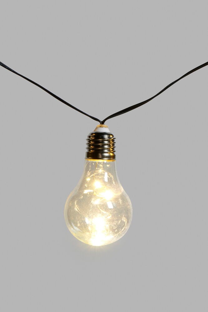 Genomskinlig glödlampa med varmvit ljusslinga inuti.