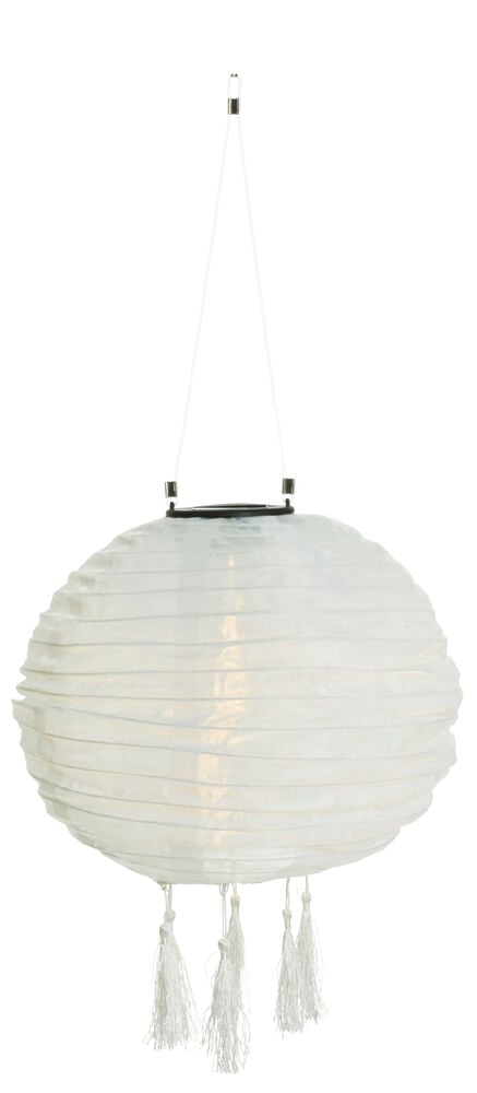 Große weiße Reispapierlampe mit Aufhängung und dekorativen Quasten.