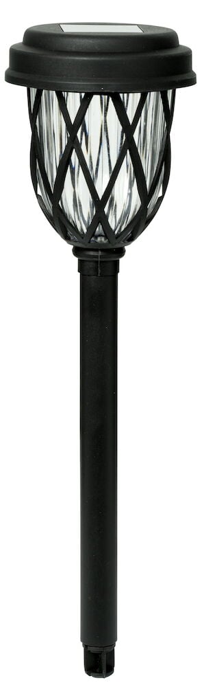 Svart solcellelampe i plast for utendørs bruk.