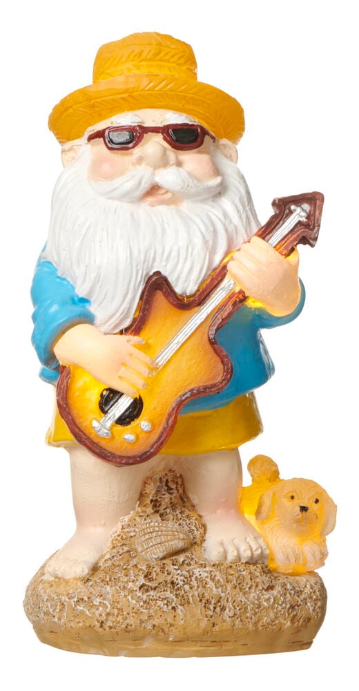 Bunte Gartenzwerg mit Gitarre und kleinem Hund.