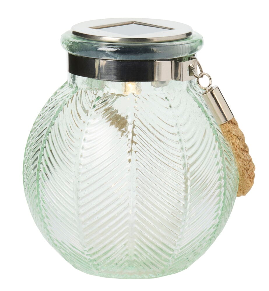 Glasgefäß mit Solarzellenlampe und Seil zum Aufhängen.