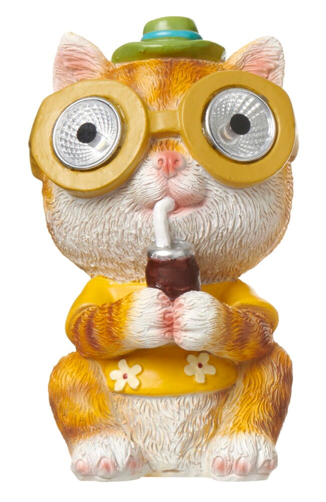 Solcelledrevet kattfigur med solbriller og drikke.