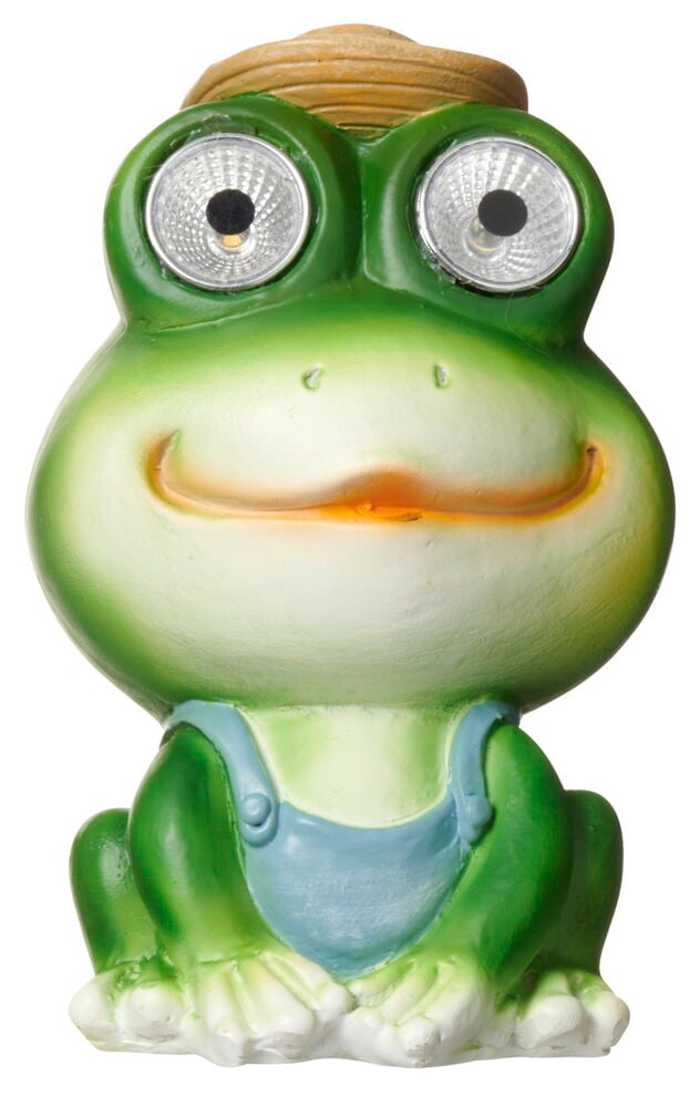 Grønn froskefigur med solcellebelysning og blå bukser.