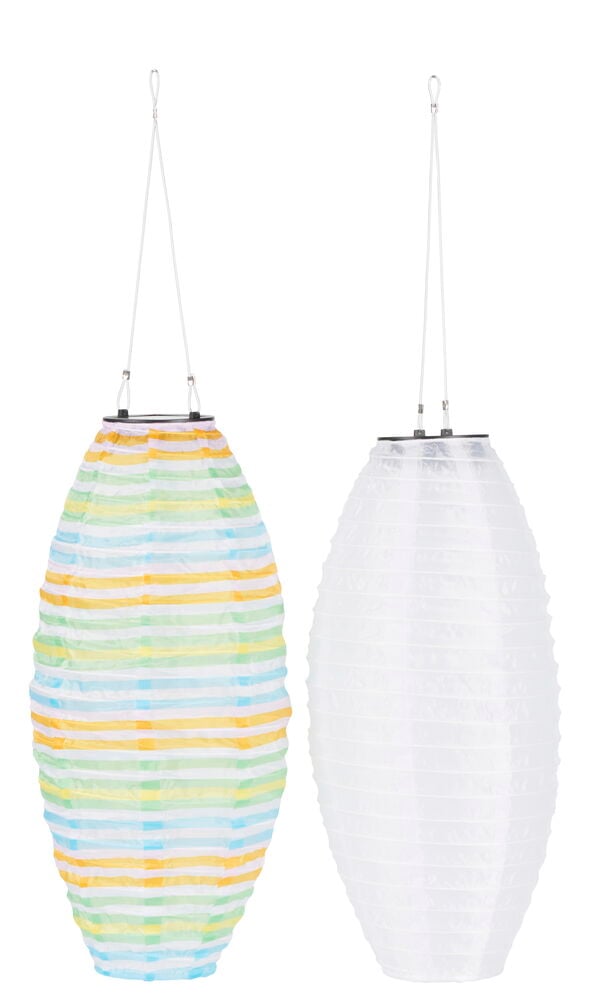 Zwei ovale Reispapierlampen mit hängendem Kabel.