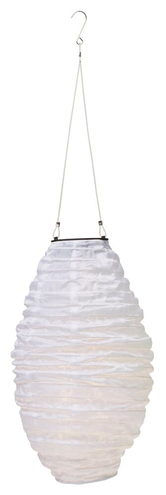 Weiße Solarlaterne in Reispapieroptik für den Außenbereich mit Aufhängung.