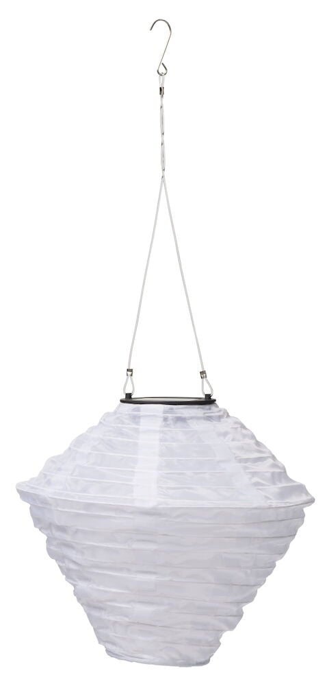 Weiße hängende Solarleuchte mit Metallhaken.