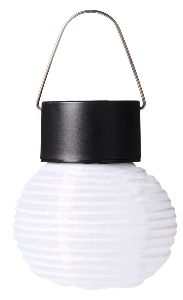 Weiße hängende Solarlampe mit schwarzem oberen Teil.