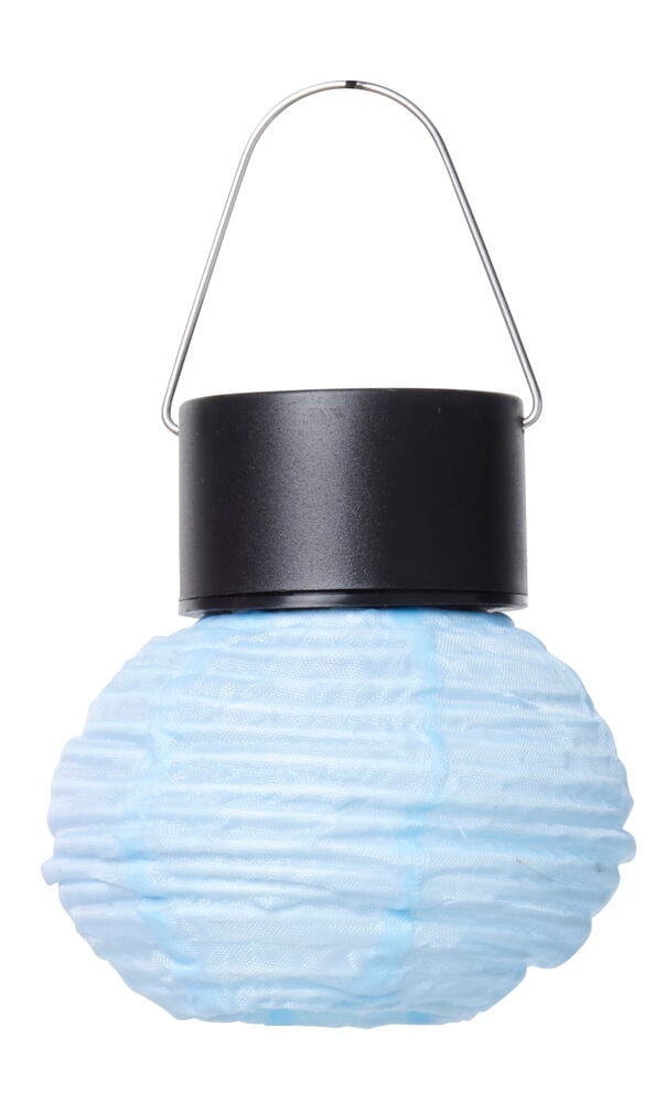 Blaue Solarzellenlampe im Reispapierdesign mit Griff.